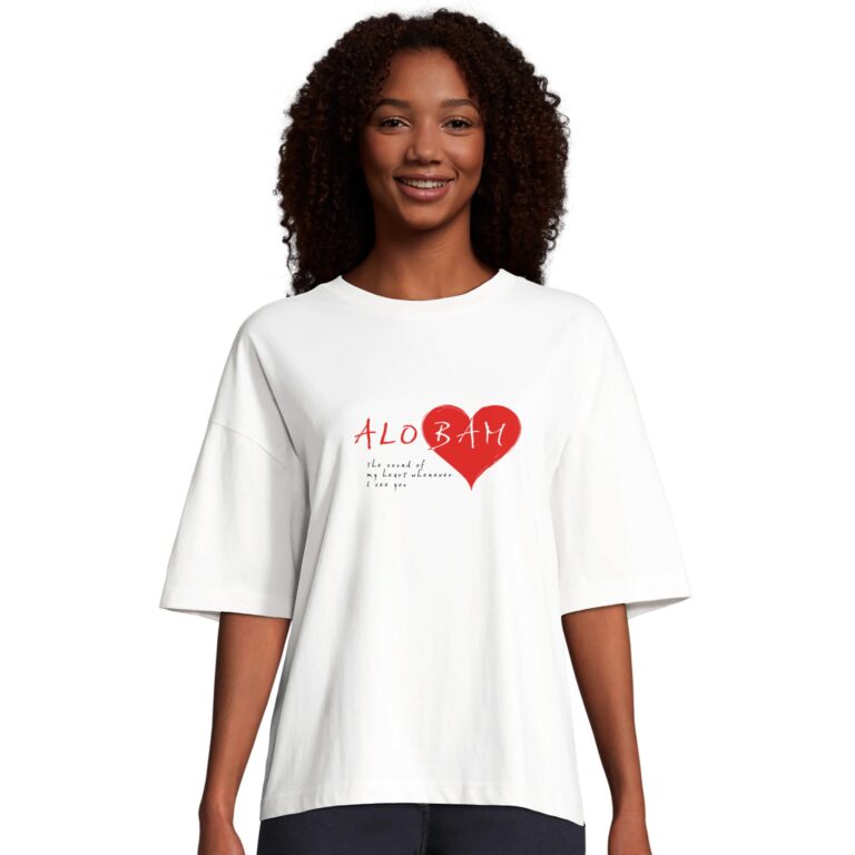 Alobam Eco-Friendly Women’s Oversized White Tee with Red Heart Design