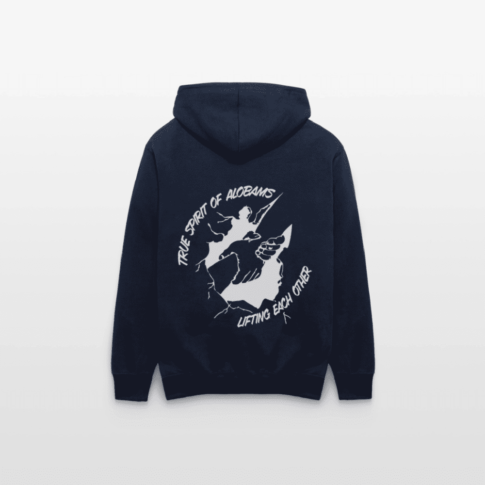 back view of the Alobam Contrast Hoodie with black drawcord and contrasting hood interior.