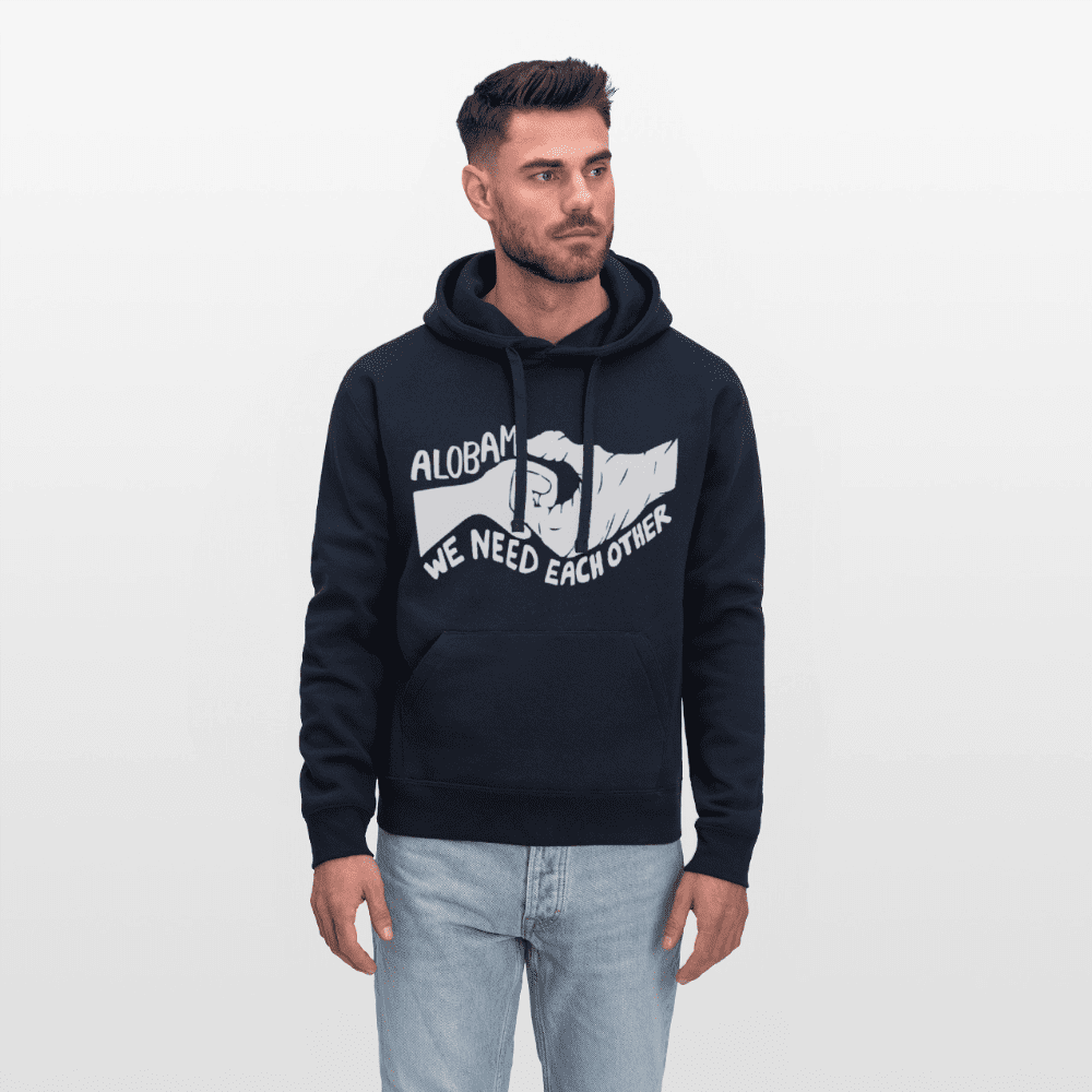 Model wearing the Alobam Unisex Hooded Sweater with relaxed fit and clean cotton fleece design.