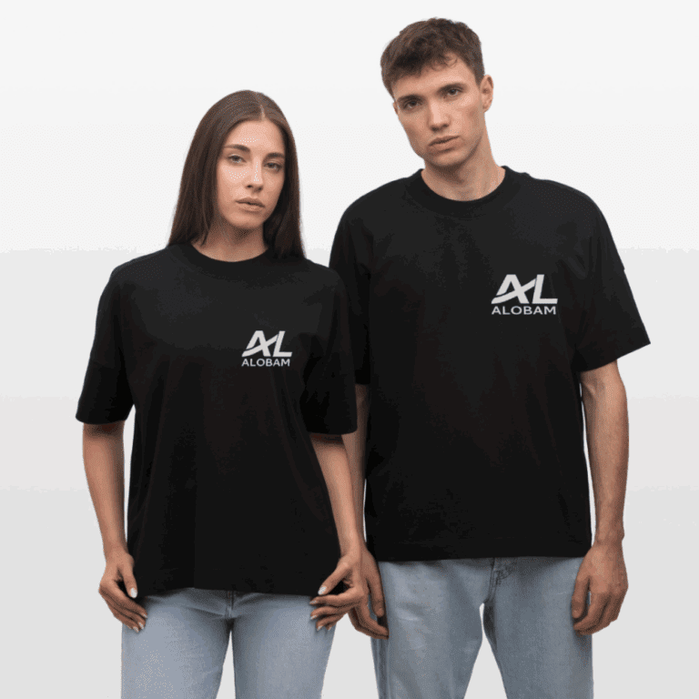 Models wearing the Alobam Oversized Organic T-Shirt in relaxed unisex fit made from 100% organic cotton.