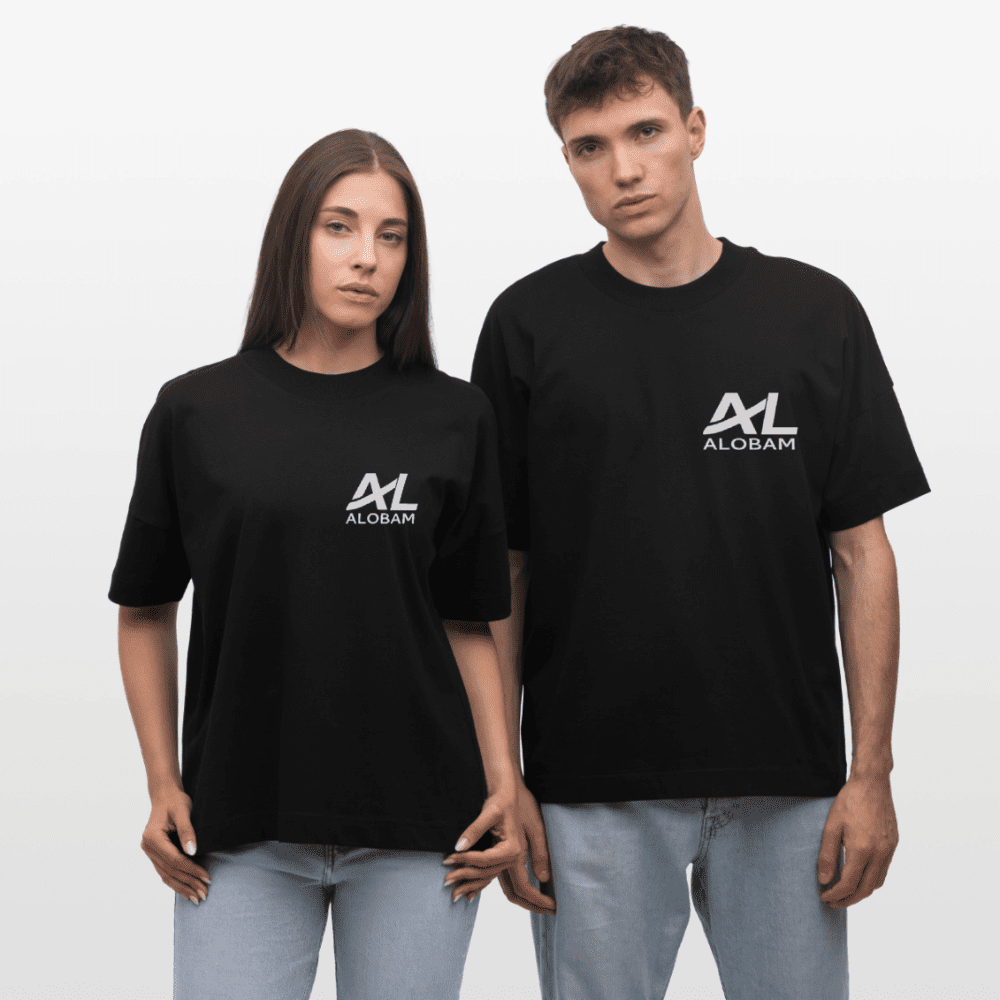 Models wearing the Alobam Oversized Organic T-Shirt in relaxed unisex fit made from 100% organic cotton.