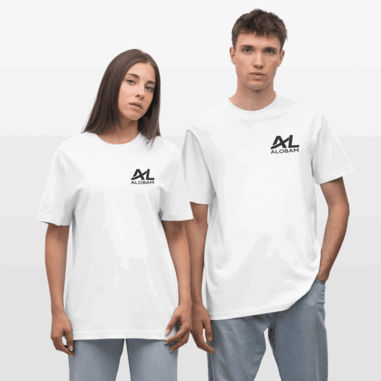 Modela wearing the Alobam Relaxed Unisex Organic T-Shirt in heavyweight cotton with wide hem stitching.