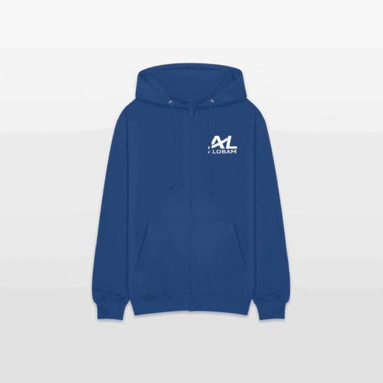 Front view of the Alobam Fleece Hoodie in blue with full-length zipper and embroidered chest logo.