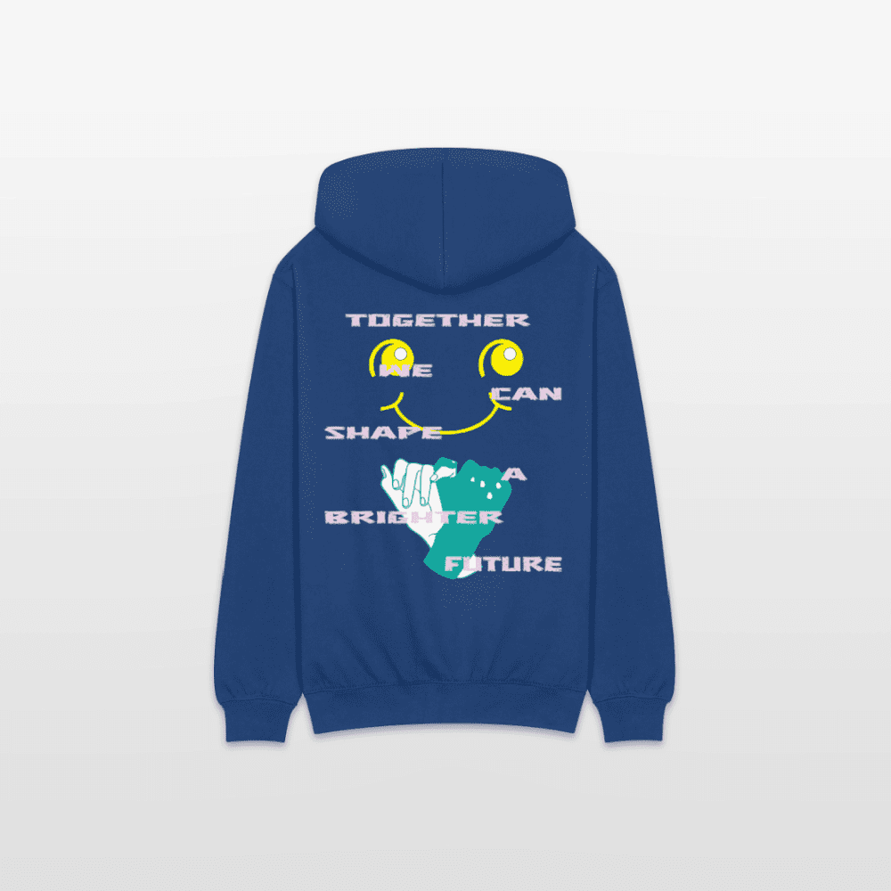 Back view of the Alobam Fleece Hoodie in blue with full-length zipper and embroidered design.