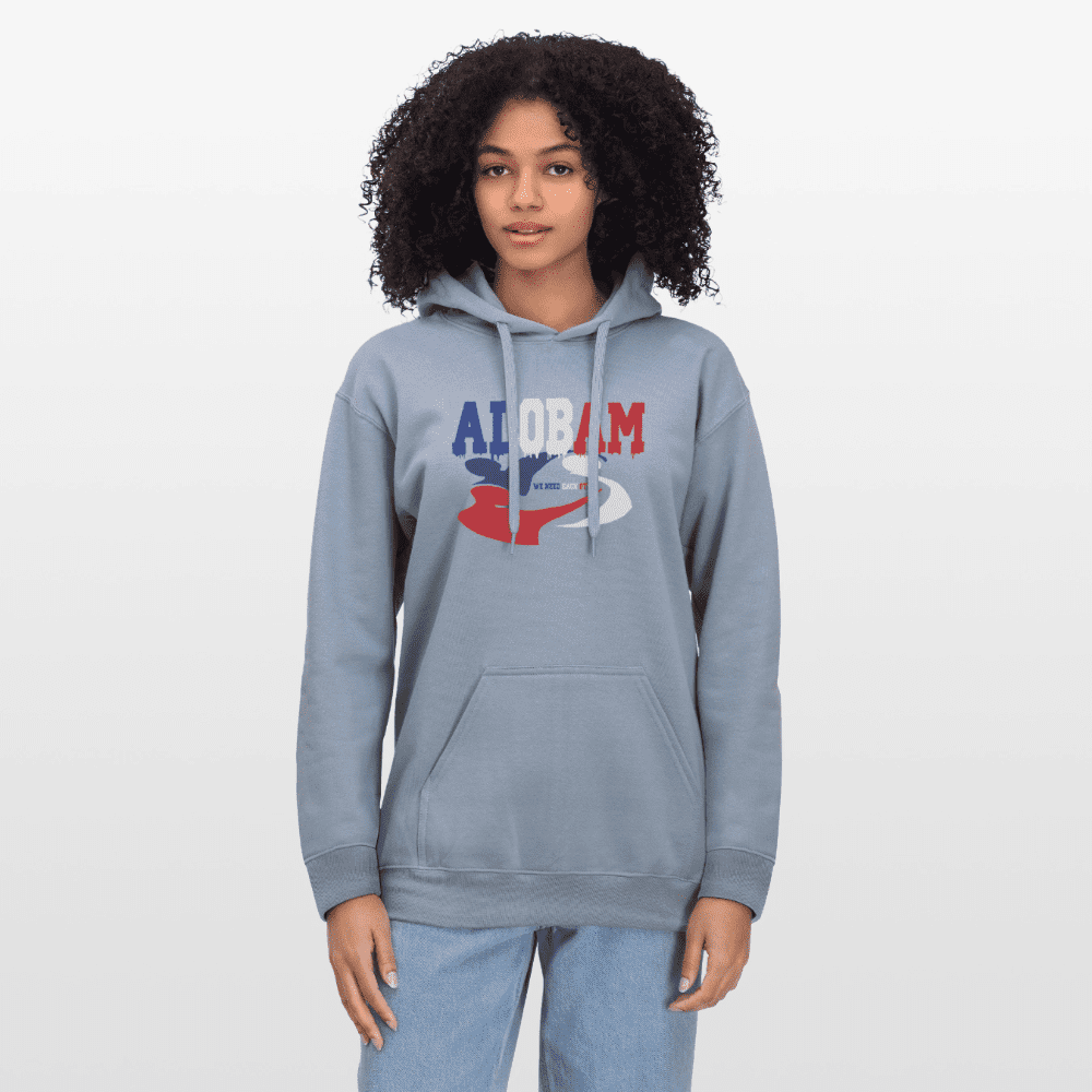 Model wearing the Alobam Unisex Midweight Hoodie in classic fit with kangaroo pouch and drop shoulders.