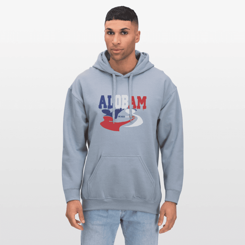 Model wearing the Alobam Unisex Midweight Hoodie in classic fit with kangaroo pouch and drop shoulders.