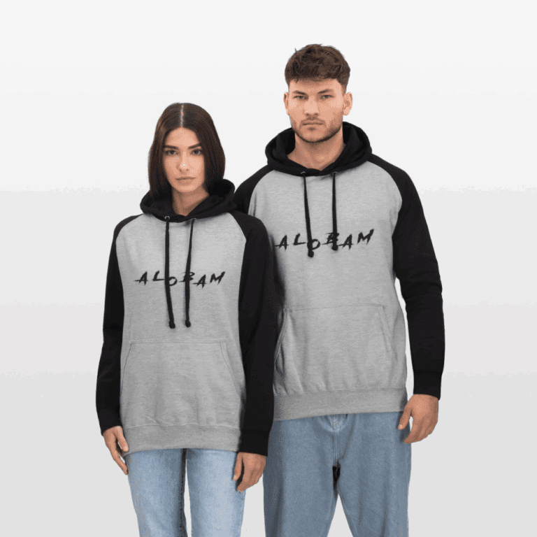Two models wearing the Alobam Unisex Baseball Hoodie in grey and black with contrast sleeves and front logo.