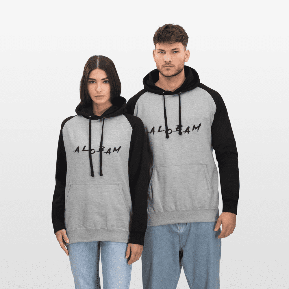Two models wearing the Alobam Unisex Baseball Hoodie in grey and black with contrast sleeves and front logo.