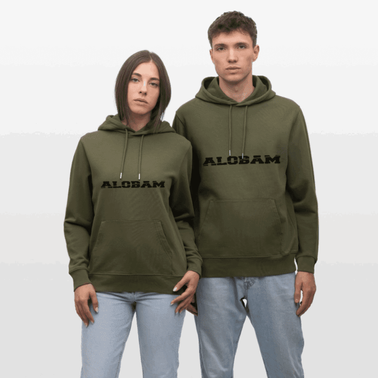 Two models wearing the Alobam Cruiser Unisex Organic Hoodie in green