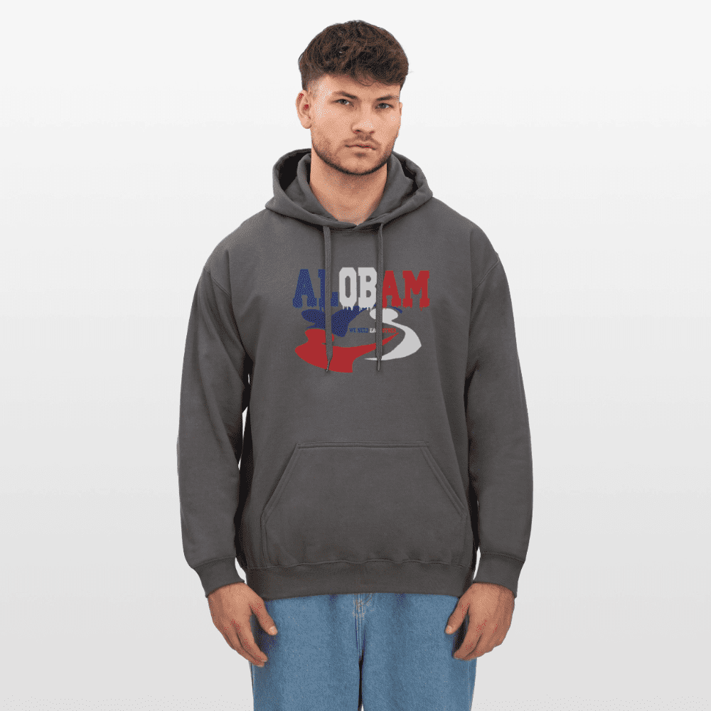 Model wearing the Alobam Unisex Midweight Hoodie in classic fit with kangaroo pouch and drop shoulders.